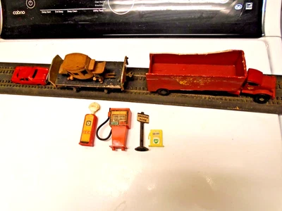 tin car,Balsa Wood coach,Balsa Tractor Trailer,Gas Pump Train & display track - Image 1 of 4