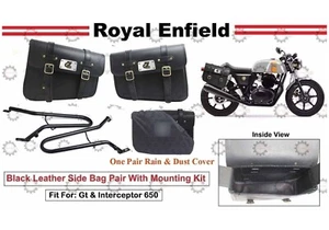 Fit For Royal Enfield "Gt & Interceptor 650 Leather Saddle Bag Pair With Rails" - Picture 1 of 20
