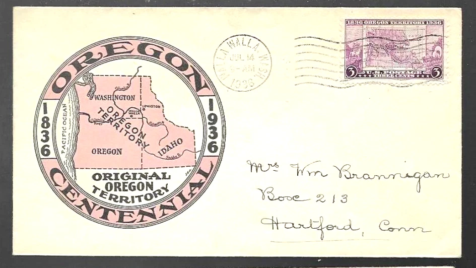 1936 OREGON CENTENARY WALLA WALLA WASHINGTION HOBBY COVER CACHET FDC - Image 1 of 1