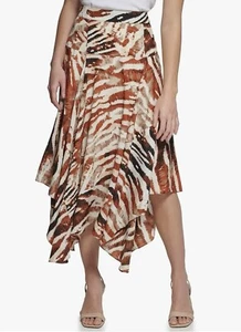 Calvin Klein 16 Asymmetrical Long Skirt Lined Zippered NWT Safari Print - Picture 1 of 5