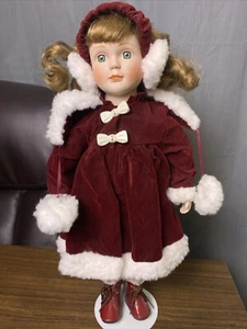 Vtg 90s Dan Dee 16.5” Bisque Porcelain Holiday Doll Burgundy Velvet Dress Earmuf - Picture 1 of 19