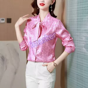 Lady Floral Satin Shirt Top Bow Tie Neck Faux Silk Business Casual Formal Office - Picture 1 of 27