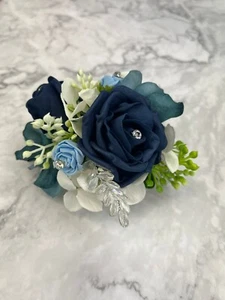 Artificial Wedding Flowers Wrist Corsages. Ivory and navy with crystal bracelet. - Picture 1 of 9