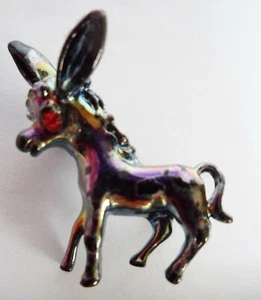 Vintage Anstecknadel Brosche Esel Burro 1" groß schwarz Regenbogen rot Strass Auge - Bild 1 von 3
