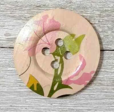 natural wood large button sewing 4 hole 2 inch pink green flower - Image 1 of 2