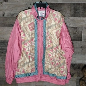 (XL) Cute Vintage 90s Pastel Pink x Blue Zip Up Geometric Windbreaker Jacket - Picture 1 of 4