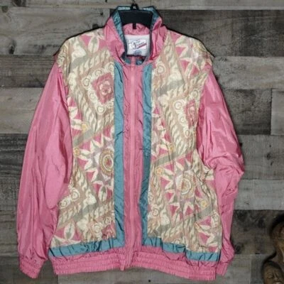 Linda Chaqueta Cortavientos Floral Vintage Años 90 Rosa Pastel Azul Cremallera Extra Grande Foto 1 de 4