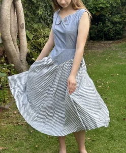 Vintage 1950s S M 100% Cotton Nautical Striped Dress blue Sailor Vibes - Picture 1 of 14