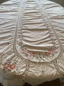 Vintage Cross Stitch Crochet Tablecloth Ivory Pink Flowers Oval 62"x113" Granny - Picture 1 of 13