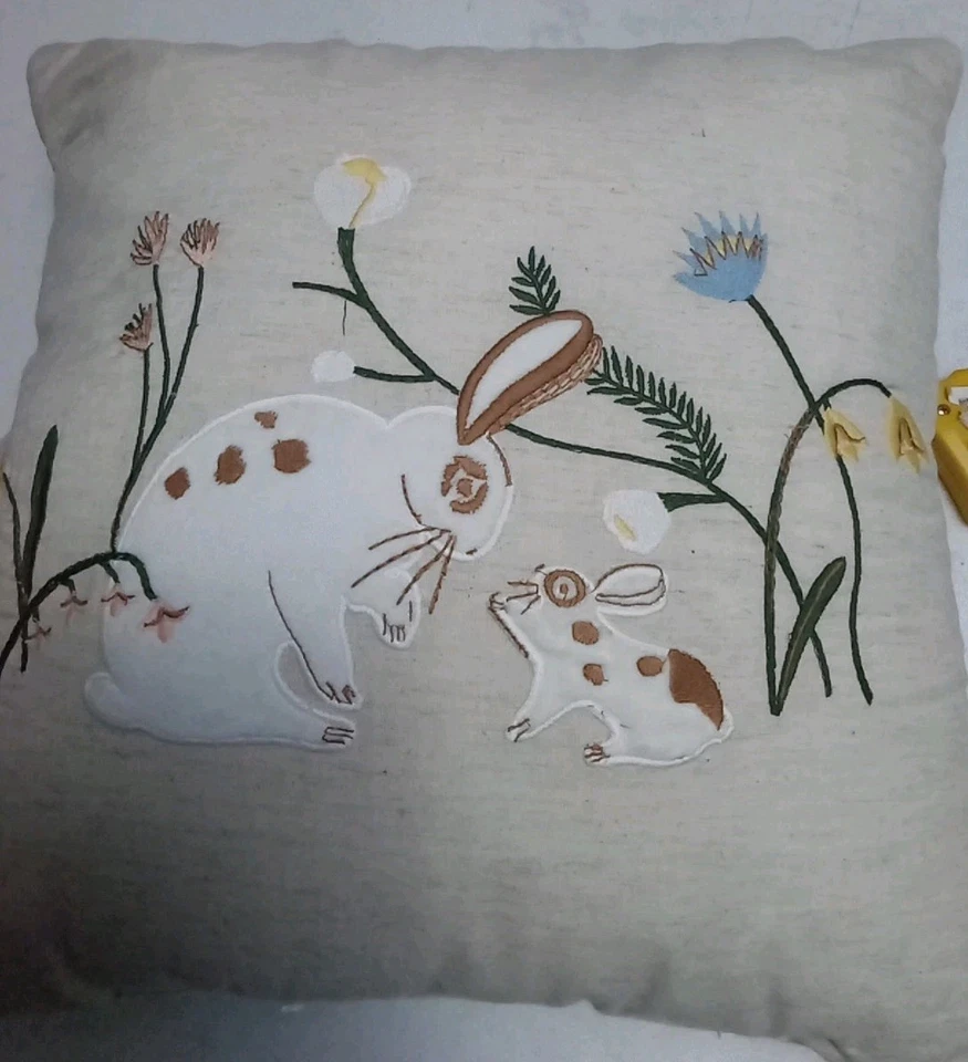 THRESHOLD Throw Pillow 18"X18" Rabbit, Bunny Mom & Baby, Flowers Embroidered - Image 1 of 4