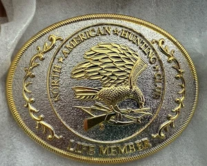 Fibbia cintura vintage North American Hunting Club Wings of Gold membro a vita con scatola - Foto 1 di 4