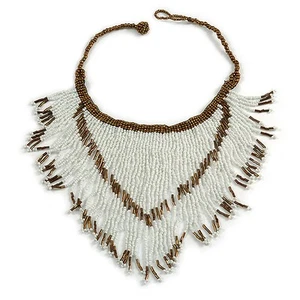 Statement Glass Bead Bib Style/ Fringe Necklace In Snow White/ Bronze - 40cm - Picture 1 of 6
