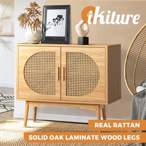 Oikiture Sideboard Cabinet Buffet Rattan Furniture Cupboard Hallway Shelf Wood - Picture 1 of 7