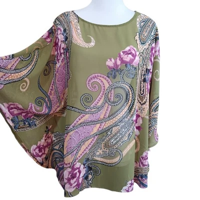 BOB MACKIE Kimono Artístico Floral Grande Transparente Poncho Rosas Paisley Elegante Verde  Foto 1 de 4