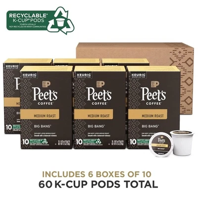 BEST BEFORE 8/25 Peet's Coffee, Medium Roast K-Cup Pods Big Bang 60 Count (6X10)