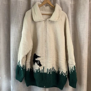 Vtg COWICHAN Hand Knit THICK WOOL Full Zip SWEATER Adult XL Ivory Loon Green - Picture 1 of 10