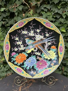 Vintage Chinese Famille Noire Mille Fleur Black Flower Porcelain Plate 14.5” - Picture 1 of 5