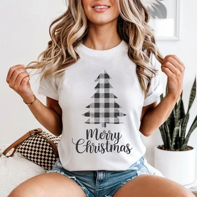 Merry Christmas Plaid Christmas Tree Womens T-Shirt Holiday Season - Image 1 of 2
