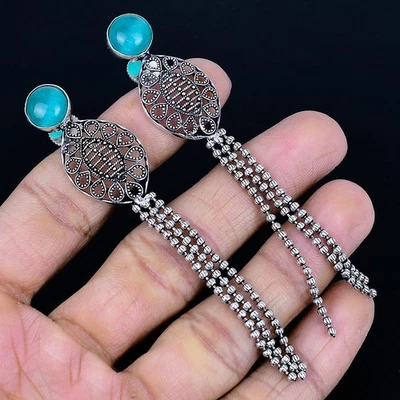 Pendientes hechos a mano enchapados en plata 925 de calcedonia azul de 3,55" Foto 1 de 3