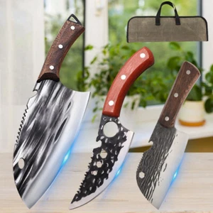 Handmade Forged Kitchen Butcher's Chef Knife Meat Cleaver Knives Storage Bag Set - Picture 1 of 25