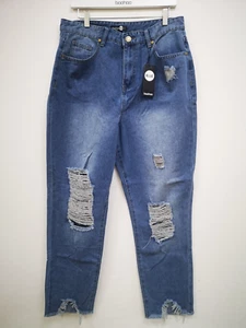 Boohoo Blue Size Plus Ripped Distressed High Waisted Mom Jean (code st) - Picture 1 of 3