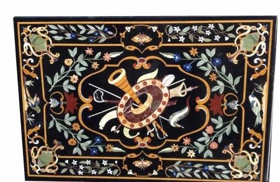 48" x 36" Decorative Semi Precious Stones Inlay Art Black Marble Table Top - Image 1 of 1