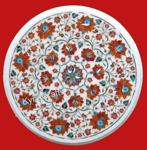 Carnelian Stone Inlay Work Sofa Side Table Octagon White Marble Coffee Table Top - Picture 1 of 4