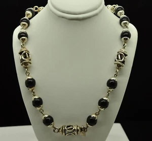 STERLING SILVER BLACK BEADED LINKED NECKLACE 32" 11 mm #E950 - Picture 1 of 3