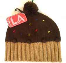 Brown Chocolate Caramel Beige Fairy Cup Cake knitted Beanie Pom Pom Hat Nwt