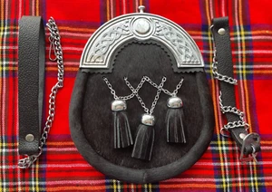 Men Full Dress Leather Kilt Sporran Black Bovine with Scottish Thistle Cantle - Picture 1 of 3