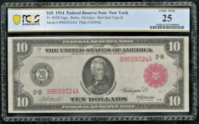 US 1914 $10 FRN New York District Red Seal FR 893b PCGS 25 Ch VF (324) - Image 1 of 2