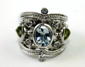 Oval Aquamarine & Sapphire & Diamond Wide Ring Band 925 Sterling Silver 1.50Ct - Picture 1 of 6