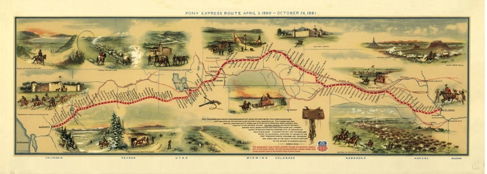 Western Pony Express Route Map 1860 - 10"H x 29"W Poster Print Vintage Old West