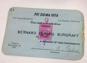 1941 Psi Sigma Iota Fraternidad tarjeta de identificación de membresía Los Ángeles California - Imagen 1 de 2