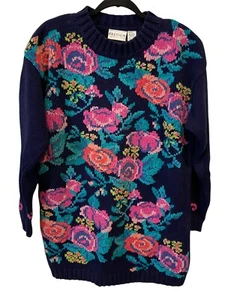 Preview International Cottage Sweater Womens Small Blue Knit Floral Crew Neck - Picture 1 of 7