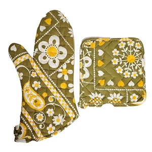 Set sopra guanto porta vaso vintage floreale paisley verde giallo piccolo destrorso - Foto 1 di 2