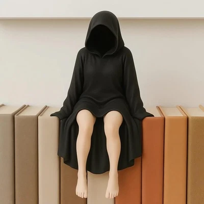 Creepy Black Hooded Girl Resin Statue Shelf Sitter Desk Figurine Halloween Decor - Image 1 of 4