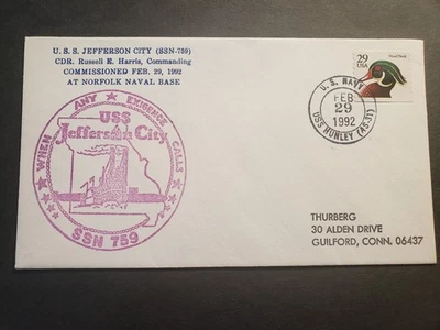 Submarine USS JEFFERSON CITY SSN Naval Cover 1992 COMMISSIONED Cachet USS HUNLEY - Image 1 of 2
