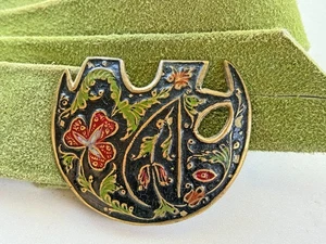 Brass Cloisonne Floral Belt Buckle on Green Suede Belt 45" Adjustable NOS - Picture 1 of 6