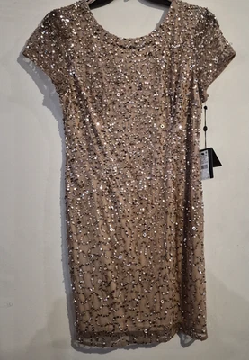 Vestido de cóctel corto de lentejuelas Adrianna Papell melocotón/dorado, talla 16 nuevo con etiquetas Foto 1 de 4