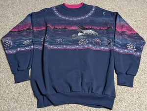 Felpa vintage Loon uomo L-XL blu AOP avvolgente arte rosa orlo azteco maglione uccellino - Foto 1 di 6