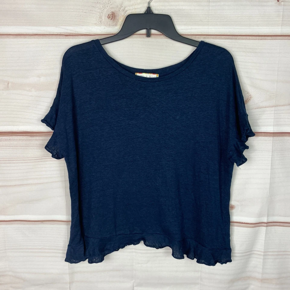 Eri + Ali Топ женщин S синий льняной футболка декольте оборки рукав разделить назад - Изображение 1 из 4