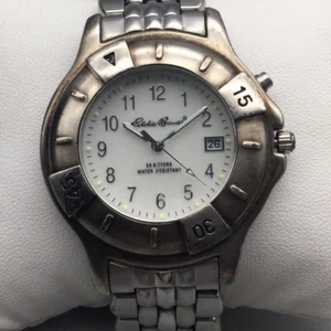 Vtg Eddie Bauer Watch Men 36mm Silver Tone Date Backlight New Battery 7.75" - Picture 1 of 16