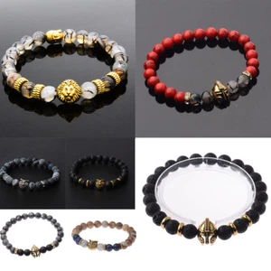 8mm Men Women Matte Stone Owl Helmet Gold Lion Beaded Stretch Bangle Bracelets - Bild 1 von 40