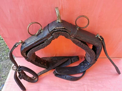  ANTIQUE OLD PRIMITIVE WOODEN LEATHER BRONZE HORSE KNEE YAMP YOKE HARNESS COWBOY - Image 1 of 4