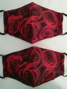 USA ZWEI SCHÖNE BLUMEN ROTE ROSEN STOFF VERSTELLBARER RIEMEN GESICHTSMASKE ERWACHSENENGRÖSSE - Bild 1 von 3