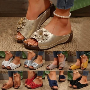 Women's Stylish Opentoe Wedges With Leather Top And Flower Slippers Are - Picture 1 of 51