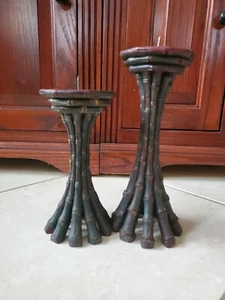 Bamboo Pillar Candle Stand Pair Brown Gold 8" & 10" Pair EUC - Picture 1 of 14