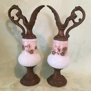 Paar antike viktorianische handbemalte Kunst Glasmantel Ewers Gussmetall - leuchtet - Bild 1 von 22