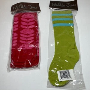 Matilda Jane sz L Cotton Pima Spandex Pink Green Striped Flower Socks 2 Pair - Picture 1 of 5